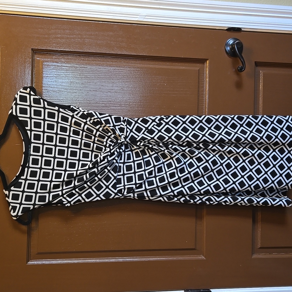 Ralph Lauren-Blk/white square print sleeveless jersey side draped dress Sz 0P